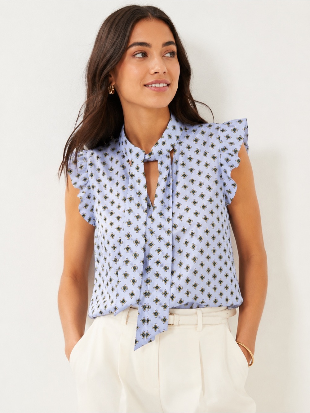 LOFT Geometric Tile Print Flutter Tie Neck Blouse Blue Size S